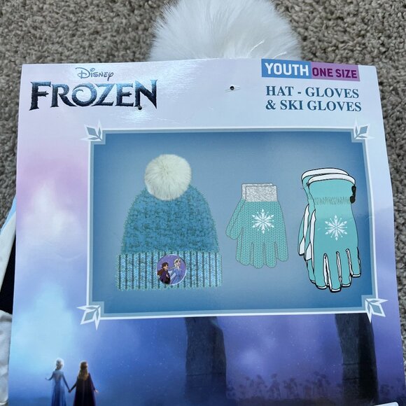 Youth Girl Disney Frozen Winter Hat and Gloves & Ski Set – One Size - Picture 2 of 2